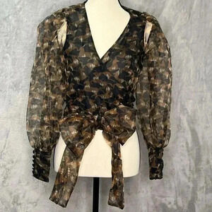 Zara Organza Bow Tie Waist Wrap Top Blouse Sheer Fairy grunge Puff Sleeves Sz XS